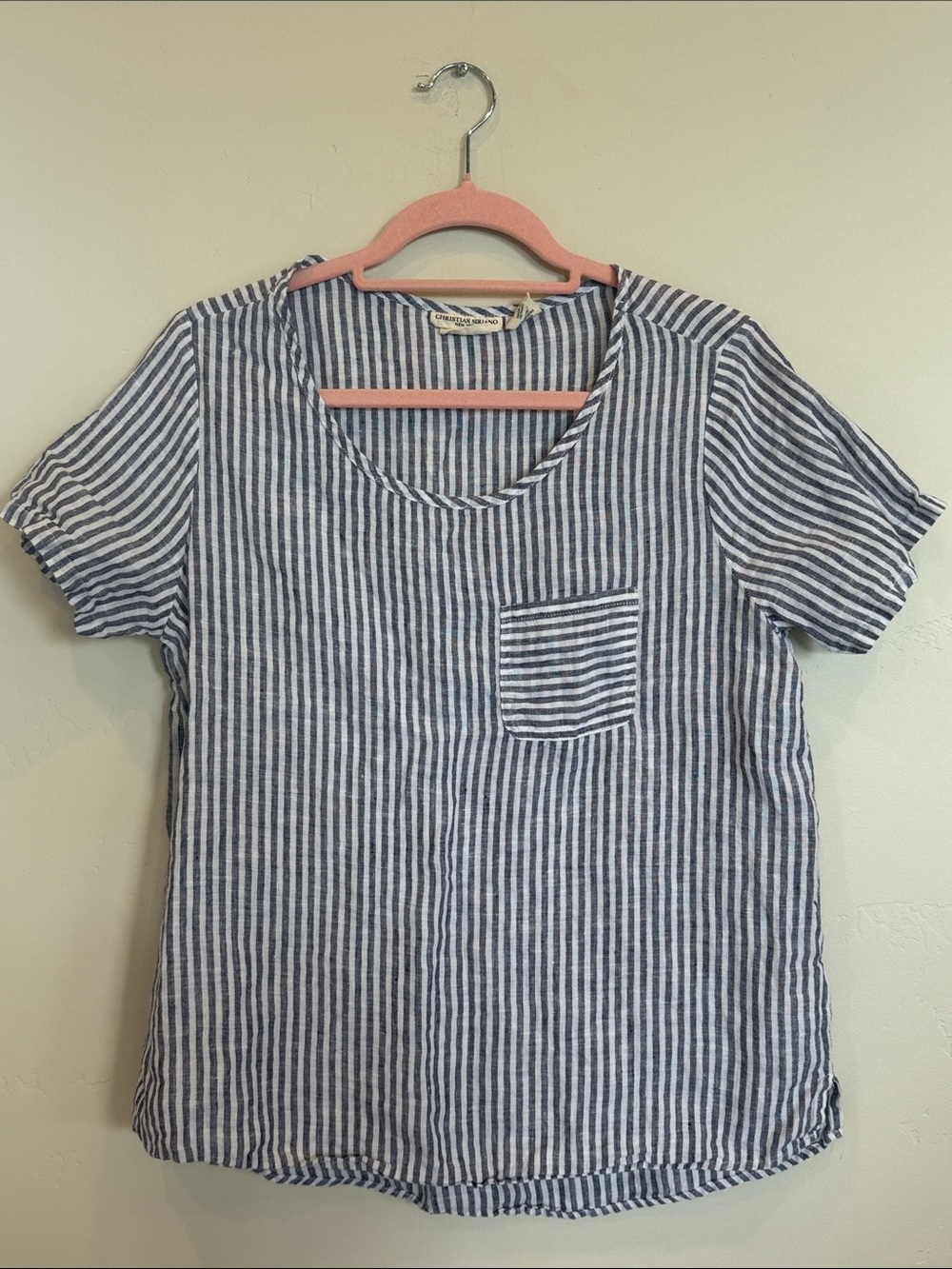 Christian Siriano 100% Linen Blue and White Striped Shirt size Small